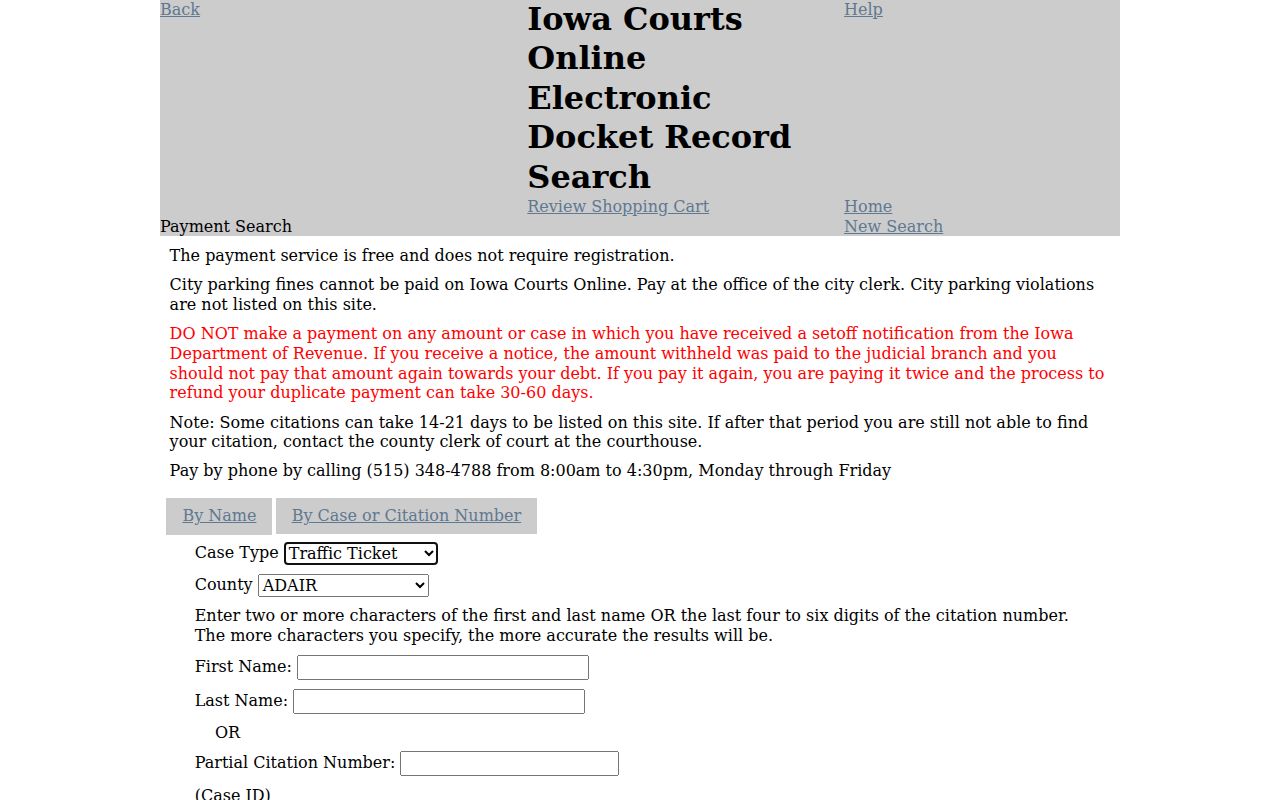 Iowa Courts Online fine payment fields for Clinton County cases