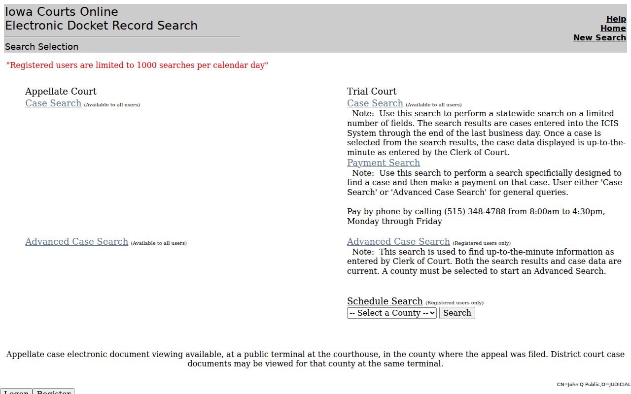 Iowa Courts Online public trial court search entry for Clinton County